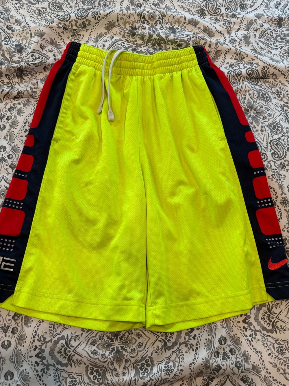 Nike Neon Yellow Athletic Shorts with Navy and Red Side Panels